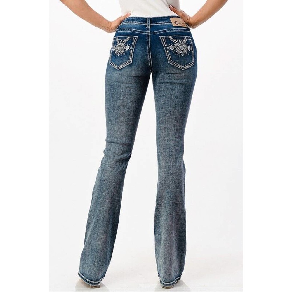 Charme by Grace in LA Women's Aztec Motif Embroidered Bootcut Stretch Jeans - Picture 3 of 3